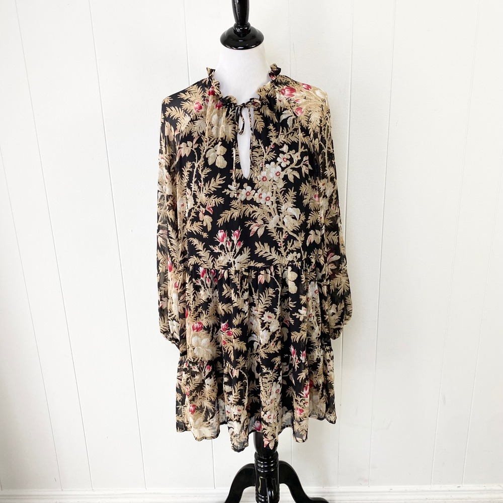 NWT H&M Floral Ruffle Tie Neck Tiered Long Sleeve Dress Black Tan Medium